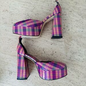 Larroude Pink Plaid Platform Heels